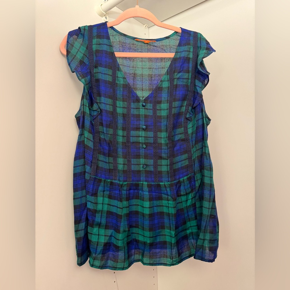Modcloth Blue and Green Checkered Sleeveless Blouse